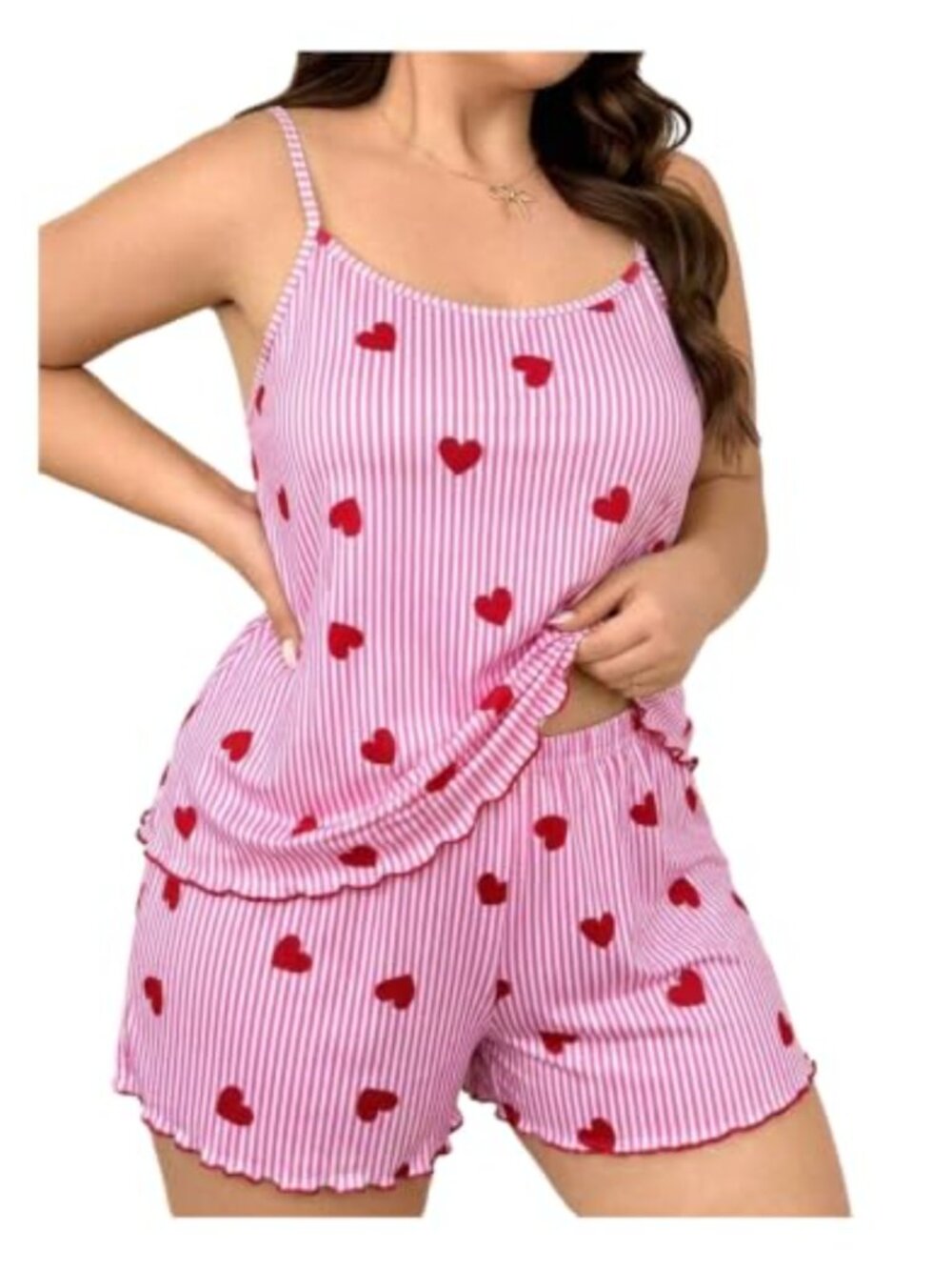 Plus Size Striped Heart Print Camisole & Shorts Pajama Set Lounge Sleepwear
